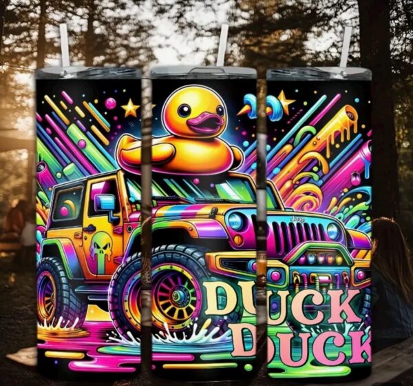 20oz Duck Duck Boom Thermos Mug | Neon Jeep Ducking Design | Stainless Steel Tumbler with Lid