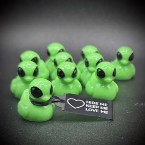 Mini Alien Duck – Bright Neon Green, 0.75” Tall – Big Black Eyes – Optional Magnet or Suction Cup Base – Custom Tag – Space Duck Gift