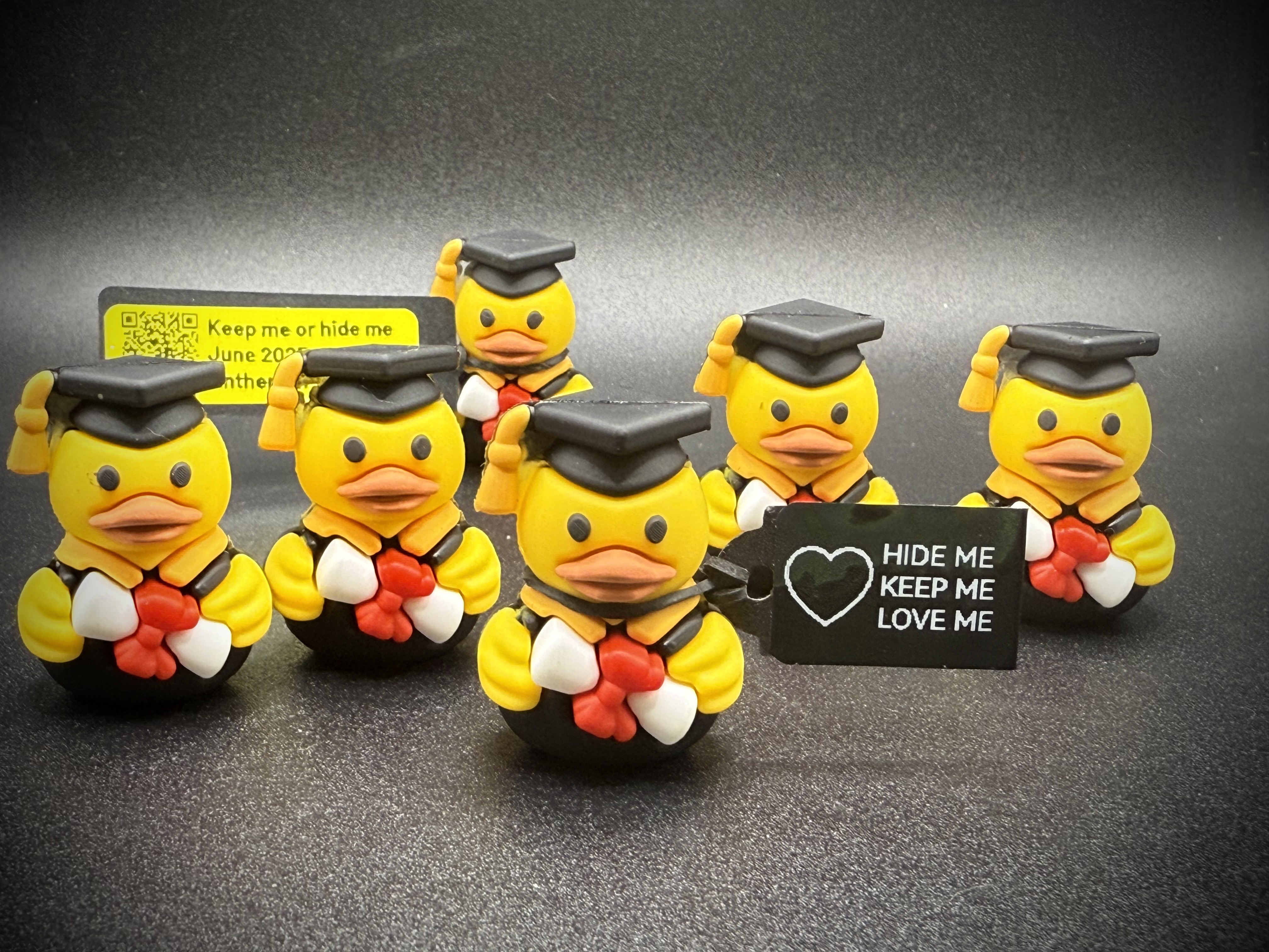Mini Graduation Duck – 1.2” with Custom Tags that Link to Photo Album | Magnet or Suction Cup Base | Cap, Gown & Diploma | Party Favor Gift