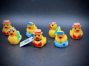 Mini Summer Beach Duck Trio – Surfboard, Swimsuit & Sunglasses Tube | Optional Magnet or Suction Cup | Custom Trackable Tag