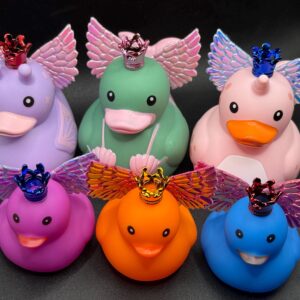 Limited Edition Angel Narwhal, Mermaid & Pixie Ducks – 2.25” with Iridescent Wings, Metallic Crown, Custom Tags, Magnet or Suction Cup Base