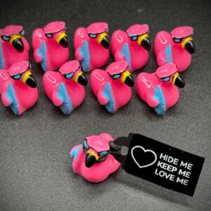 Mini Pink Flamingo Duck with Surfboard – Summer Cruise Duck w/ Sunglasses, Optional Magnet or Suction Cup – Custom Tag & Online Photo Album