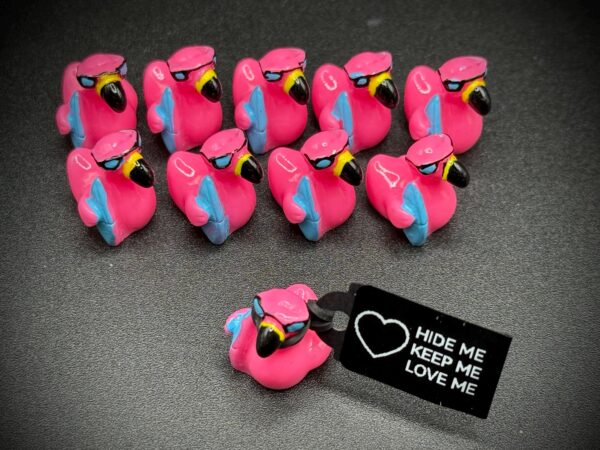 Mini Pink Flamingo Duck with Surfboard – Summer Cruise Duck w/ Sunglasses, Optional Magnet or Suction Cup – Custom Tag & Online Photo Album