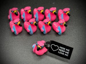 Mini Pink Flamingo Duck with Surfboard – Summer Cruise Duck w/ Sunglasses, Optional Magnet or Suction Cup – Custom Tag & Online Photo Album