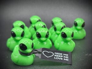 Mini Alien Duck – Bright Neon Green, 0.75” Tall – Big Black Eyes – Optional Magnet or Suction Cup Base – Custom Tag – Space Duck Gift