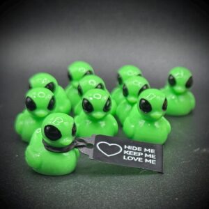 Mini Alien Duck – Bright Neon Green, 0.75” Tall – Big Black Eyes – Optional Magnet or Suction Cup Base – Custom Tag – Space Duck Gift