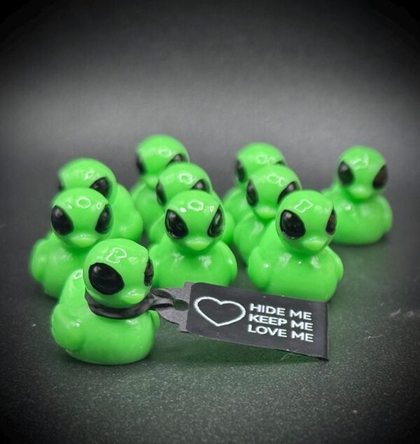 Mini Alien Duck – Bright Neon Green, 0.75” Tall – Big Black Eyes – Optional Magnet or Suction Cup Base – Custom Tag – Space Duck Gift