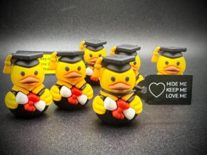 Mini Graduation Duck – 1.2” with Custom Tags that Link to Photo Album | Magnet or Suction Cup Base | Cap, Gown & Diploma | Party Favor Gift