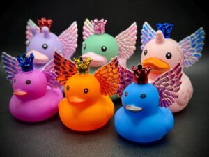 Mini Angel Ducks – 1.69” Tall w/ Iridescent Wings & Metallic Crowns | Optional Magnet or Suction Cup, Custom Tag