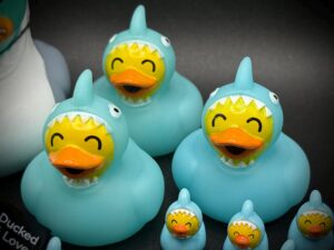 Mini Shark Ducks – 1.75” Tall High-Quality Collectible with Custom Trackable Tags | Optional Magnet or Suction Cup Base