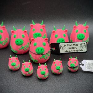 Mini Moo Moo Subaru Cow – Bright Pink / Neon Green .56” – Optional Tag & Base – Subaru Hide and Keep Cow