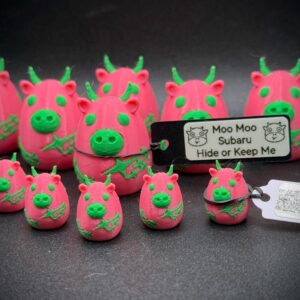 Small Moo Moo Subaru Cow – Bright Pink/Neon Green – 1.25” - Optional Tag / Base – Subaru Hide & Keep Cow