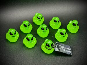 Mini Glow-in-the-Dark Alien Ducks – Custom Tags & Optional Magnet or Suction Cup – Party Favors, Cruises, Jeeps, UFO Events, Movies