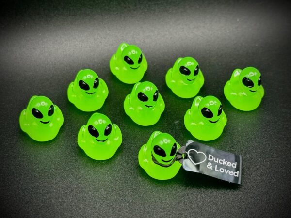 Mini Glow-in-the-Dark Alien Ducks – Custom Tags & Optional Magnet or Suction Cup – Party Favors, Cruises, Jeeps, UFO Events, Movies
