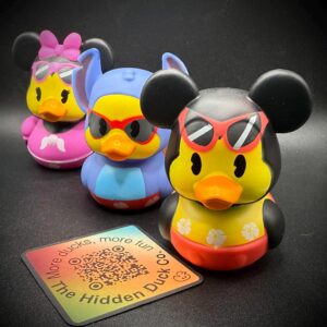LIMITED EDITION Summer Disney Ducks – 3” Luau Mickey, Minnie & Stitch – Hawaiian Cruise Ducks with Sunglasses – Custom Tags - Party Favors