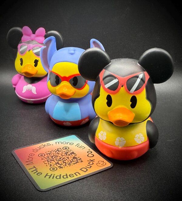 LIMITED EDITION Summer Disney Ducks – 3” Luau Mickey, Minnie & Stitch – Hawaiian Cruise Ducks with Sunglasses – Custom Tags - Party Favors