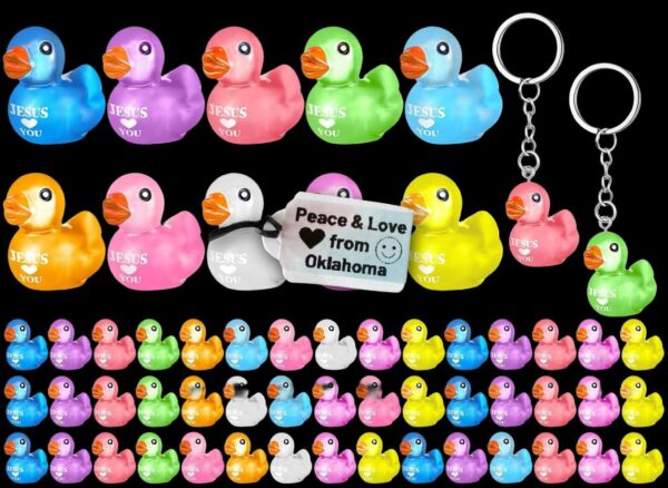 Mini Glow-in-the-Dark “Jesus Loves You” Duck Keychain – Bright Colors – Religious Favor, Christian Stocking Stuffer, Cruise, Sunday School