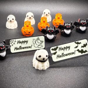 Mini Halloween Ducks – Tiny Pumpkins, Bats & Ghosts with Glow-in-the-Dark Custom Tags – Optional Magnet or Suction Cup Base