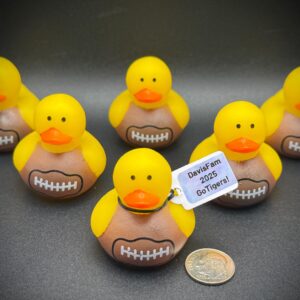 Mini Football Ducks – 1.5” Yellow Rubber Duck with Football Body – Custom Tag & Optional Magnet or Suction Cup