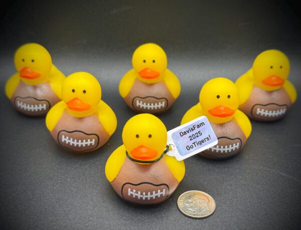 Mini Football Ducks – 1.5” Yellow Rubber Duck with Football Body – Custom Tag & Optional Magnet or Suction Cup