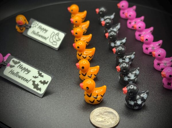 Mini Halloween Ducks – Bright Orange Bats, Black Webs & Purple Spiders | Custom Tags, Optional Magnet or Suction Cup Base - Image 6