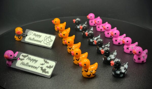 Mini Halloween Ducks – Bright Orange Bats, Black Webs & Purple Spiders | Custom Tags, Optional Magnet or Suction Cup Base