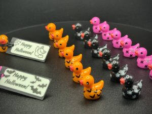 Mini Halloween Ducks – Bright Orange Bats, Black Webs & Purple Spiders | Custom Tags, Optional Magnet or Suction Cup Base