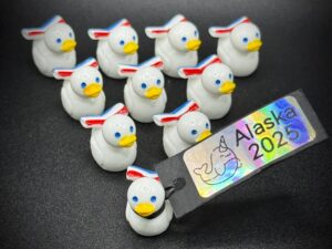 Mini Carnival Cruise Ducks – Adorable White Ducks with Red, White & Blue Tail – Custom Tag, Optional Magnet or Suction Cup Base