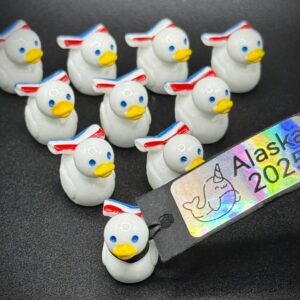 Mini Carnival Cruise Ducks – Adorable White Ducks with Red, White & Blue Tail – Custom Tag, Optional Magnet or Suction Cup Base