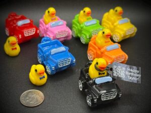 Mini Jeep Ducks – Bright Color Mini Jeeps with Matching Ducks | Black, Orange, Pink, Red, Yellow, Green & Blue | Custom Tag, Optional Magnet